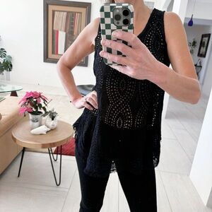 Johnny Was Hoxie Eyelet Tank Top Black Size S